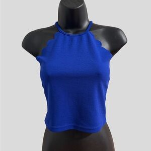 MakeMeChic Women's Solid Halter Neck Cami Scallop Trim Crop Top Royal Blue S